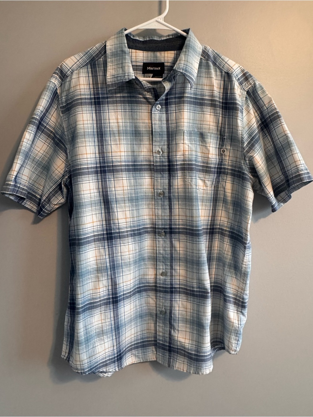 Marmot Men's Large Blue Plaid Short Sleeve Outdoor Button Up Shirt
